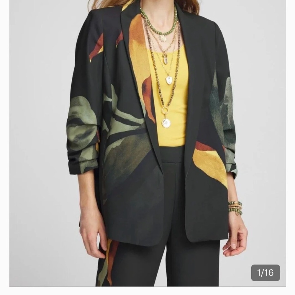 Chico's Black Open Blazer with Mustard and Olive Floral Accents 6